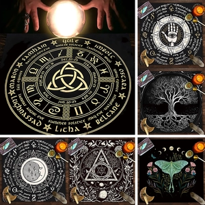 Black mandala tarot tablecloth with tree of life and butterfly prints for altar decor
