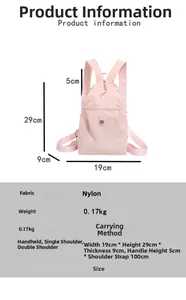 Detailed size specifications and dimensions for this pink nylon multifunctional backpack
