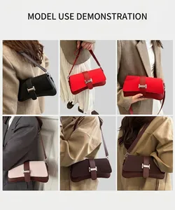 Detailansicht der Halbmond-Umhängetasche an Models mit verschiedenen Farben und Outfits