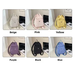 Collage of multi-color lightweight travel backpacks in beige, pink, yellow, purple, and blue