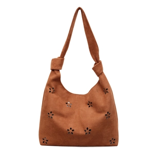 Sac fourre-tout marron en suède avec motifs floraux découpés au laser et nœud d'épaule
