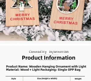 Dettaglio di gancio porta natalizio in legno con luci LED e decorazioni intagliate