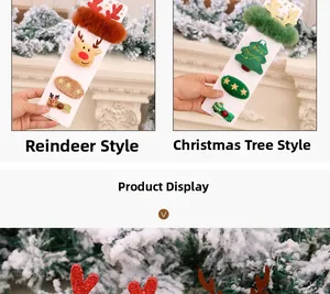 Detail view of festive reindeer and Christmas tree hair clips with sequin and plush fabric