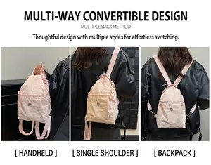 Pink nylon backpack with drawstring and magnetic clasp showing three carrying styles