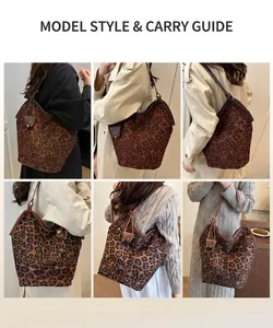 Collage of model wearing a large leopard print bucket bag with various stylish outfits