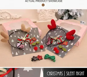 Christmas reindeer antler headband set in pink gift box packaging for holiday gifts