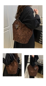 Three-angle views showing the leopard print bucket bag styled with a long black coat