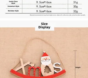 Size chart for wooden Xmas ornaments including Santa, Snowman, and Reindeer styles