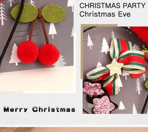 Detail of Christmas headband kit with red velvet cherry pom-poms and ribbon bows