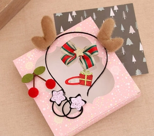 Detailed view of kids Christmas hair accessories set with reindeer headband in gift box