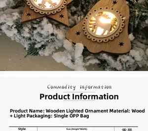 Nahaufnahme von hölzernen Weihnachtsanhängern mit LED-Licht und Rentier-Wald-Motiven