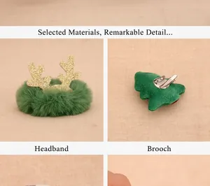 Detail view of a green Christmas antler hair tie and tree brooch with metallic clip