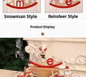 Detail of wooden rocking snowman and elk Christmas ornaments with Noel letter signs