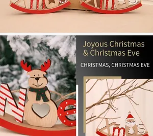 Detailed view of NOEL and Xmas wooden Christmas ornaments with reindeer and Santa patterns