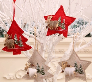 Detailed embroidery of reindeer and trees on festive red and grey felt Christmas ornaments