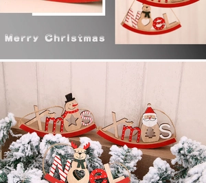 Detail showing wooden Xmas and Noel rocking horse signs with red festive patterns