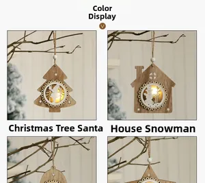 Detail von hölzernen Weihnachtsbaum-Anhängern mit warmer LED-Beleuchtung und Hanfseil