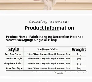 Detailed size chart for fabric Christmas ornaments including dimensions and velvet materials