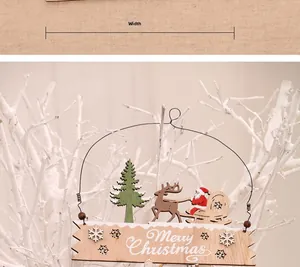 Detail of wooden Merry Christmas hanging sign with 3D reindeer and Santa scene