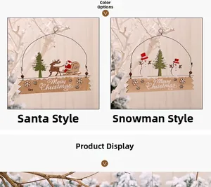 Detail of laser-cut wooden Merry Christmas hanging ornaments with Santa and Snowman designs