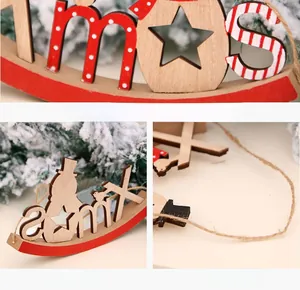 Detail view of wood Xmas rocking horse sign with snowman design and hanging rope