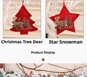 Detail of red felt Christmas tree and star ornaments featuring plush reindeer and embroidery