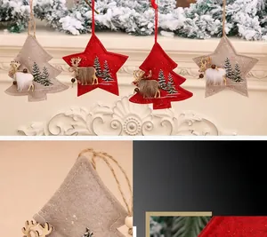 Detail of felt Christmas ornaments featuring reindeer 3D plush and tree embroidery texture