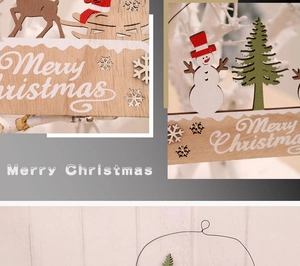 Detail of wooden Merry Christmas sign with painted snowman, reindeer and tree patterns