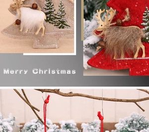 Close-up of reindeer Christmas felt ornaments featuring faux fur and wooden beads details