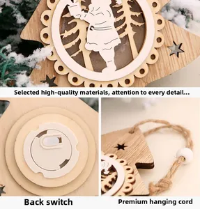 Detail von Weihnachtsschmuck aus Holz mit Rückenschalter und natürlichem Aufhängeseil