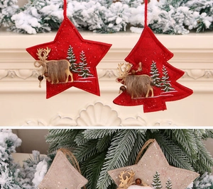 Detail of Christmas felt ornaments with 3D reindeer and pine tree embroidery patterns