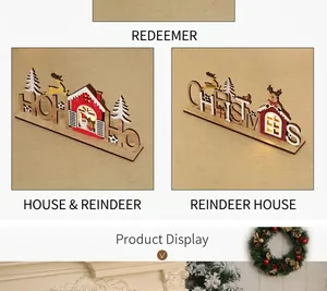 Détail d'enseignes de Noël en bois découpées au laser avec LED, renne et chalet