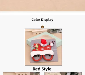 Close-up of a festive red glitter Christmas eyeglass frame with a mini Santa hat decoration