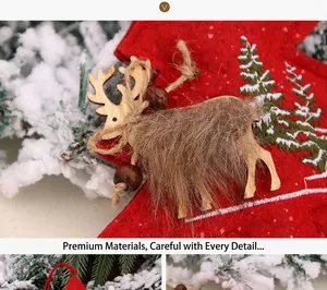 Detailed close-up of a handmade wooden reindeer ornament with embroidery on red felt