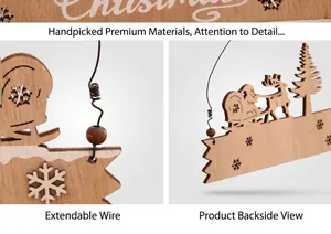 Detail of wooden Christmas sign featuring Santa on a sleigh with reindeer and snow flakes