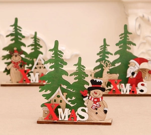 Detailed view of DIY wooden Christmas XMAS desktop ornaments with Santa and snowman