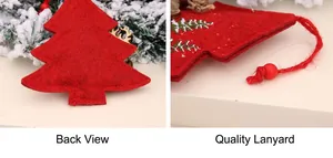 Detail view of red felt Christmas tree ornament showing back side and jute hanging rope