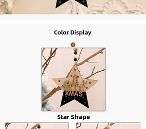 Détail de l'étoile de Noël en bois avec renne doré pailleté et inscription Xmas