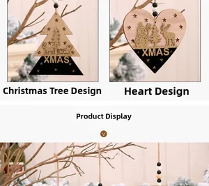 Détails d'ornements de Noël en bois en forme de sapin et de cœur avec motifs dorés XMAS