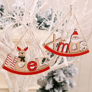 Wooden Christmas hanging ornaments featuring deer Noel and Santa Xmas designs with ropes