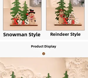 Detail view of snowman and reindeer wooden XMAS tabletop ornaments for holiday decor