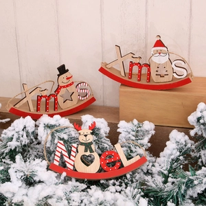 Three-piece wooden Christmas rocking ornaments with Santa, Snowman, and Reindeer designs