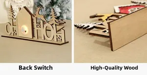 Détail d'une déco de Noël HO HO HO en bois avec interrupteur arrière et lumière LED