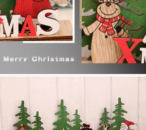 Detail of DIY Christmas wooden puzzle ornaments with laser-cut snowman and reindeer motifs