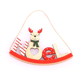 Wooden Noël Christmas reindeer ornament with red stripes and hanging hemp rope