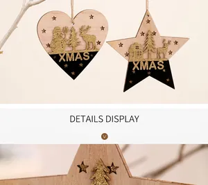 Détail d'ornements de Noël en bois avec motifs laser, paillettes dorées et texte XMAS