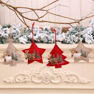 Christmas Hanging Ornaments Reindeer Embroidery Felt Tree Star Shape Wood Beads Faux Fur Festive Home Holiday Decor