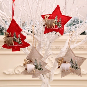 Christmas reindeer fabric ornaments with embroidery on stars and trees hanging on branches