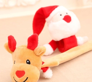 Detailed plush Christmas slap bracelets featuring Santa Claus and reindeer designs