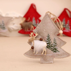 Premium reindeer felt Christmas tree ornament with embroidered pine and wooden beads decor